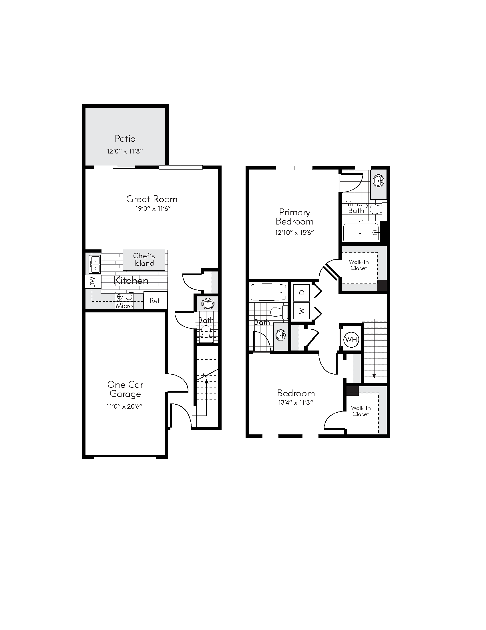 Floor plan for 2 beds, 2.5 baths, 1291 sqft